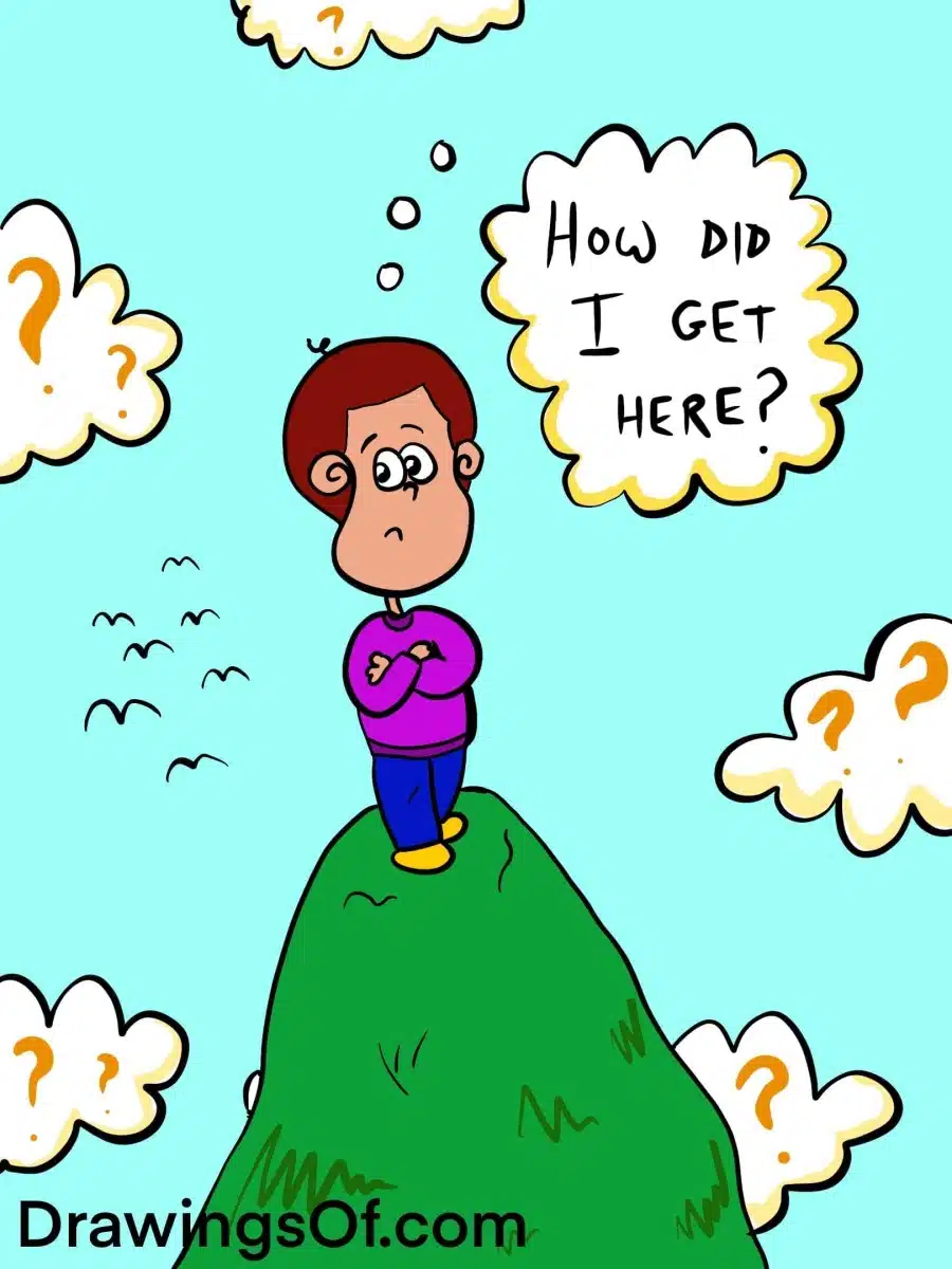 How did I get here? Cartoon on mountain.