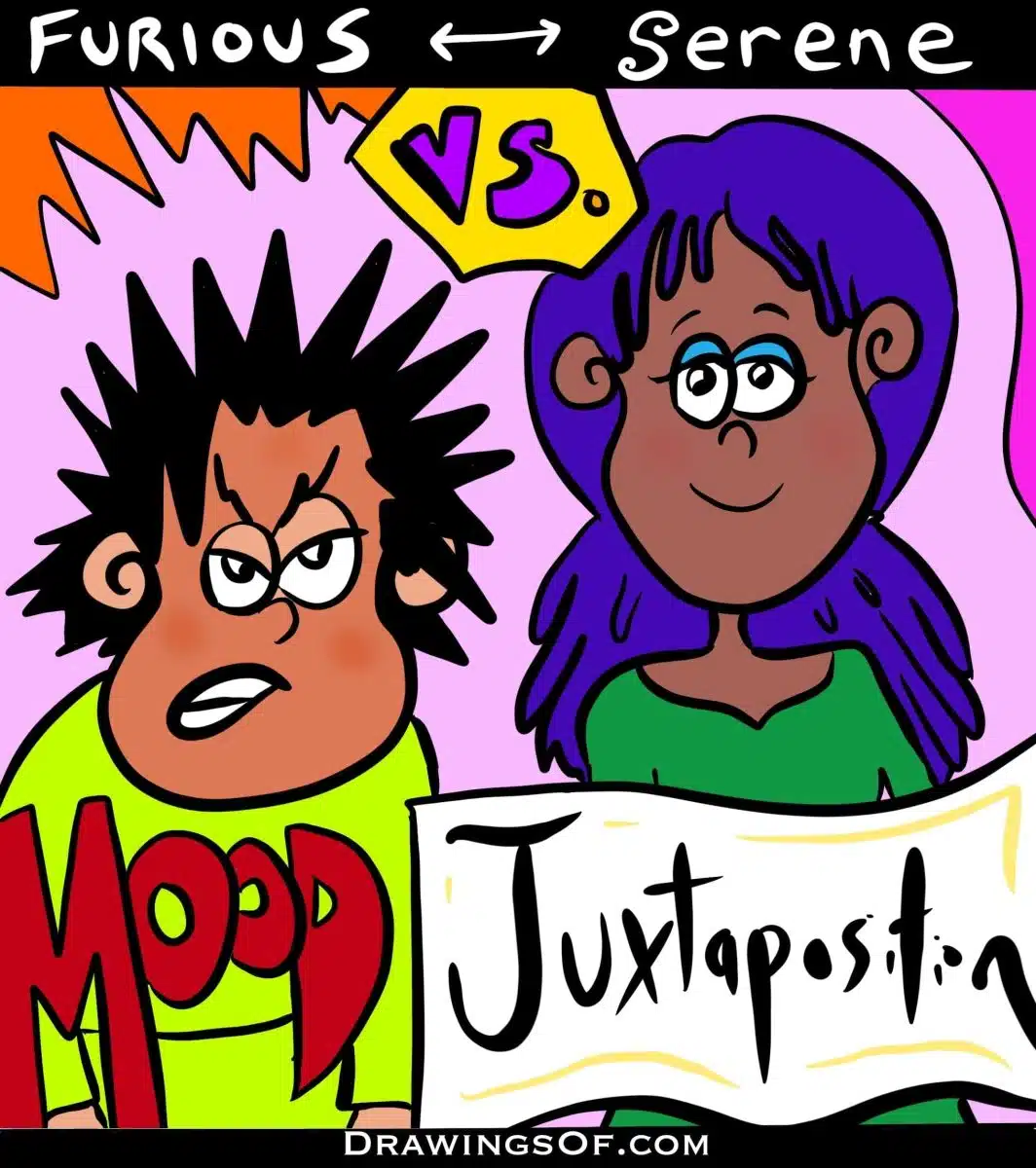 Juxtaposition example cartoon art: different moods